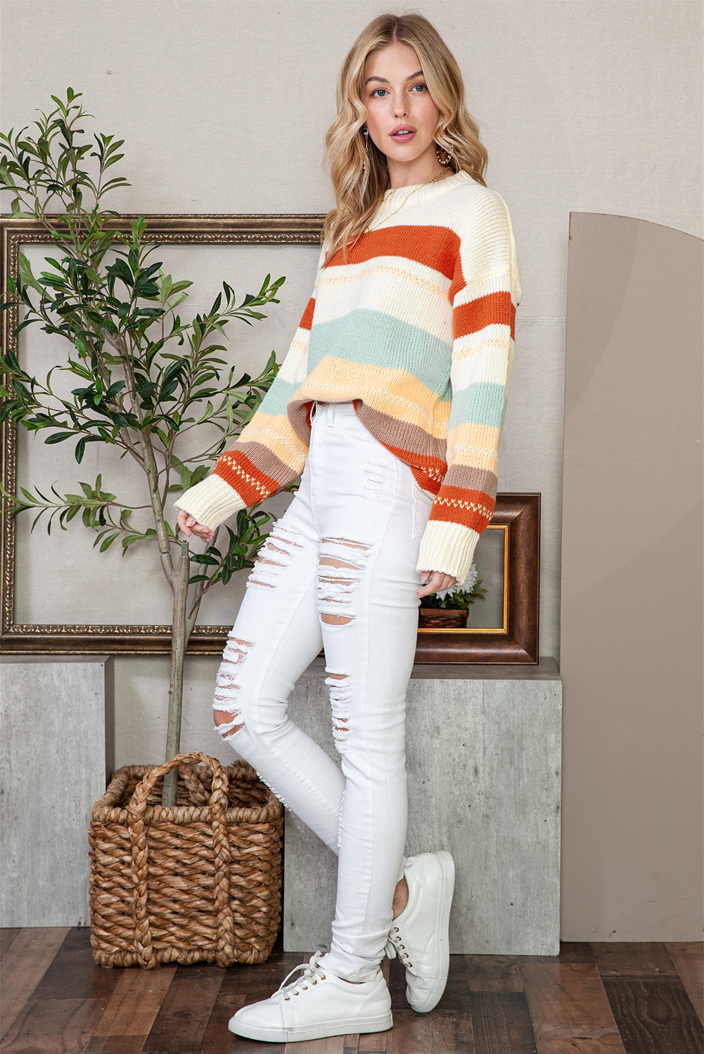 White Striped Color Block Drop Shoulder Knit Sweater Shewin