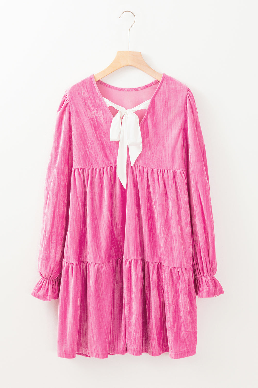 Strawberry Pink Flounce Sleeve Tiered Ruffled Velvet Mini Dress Shewin