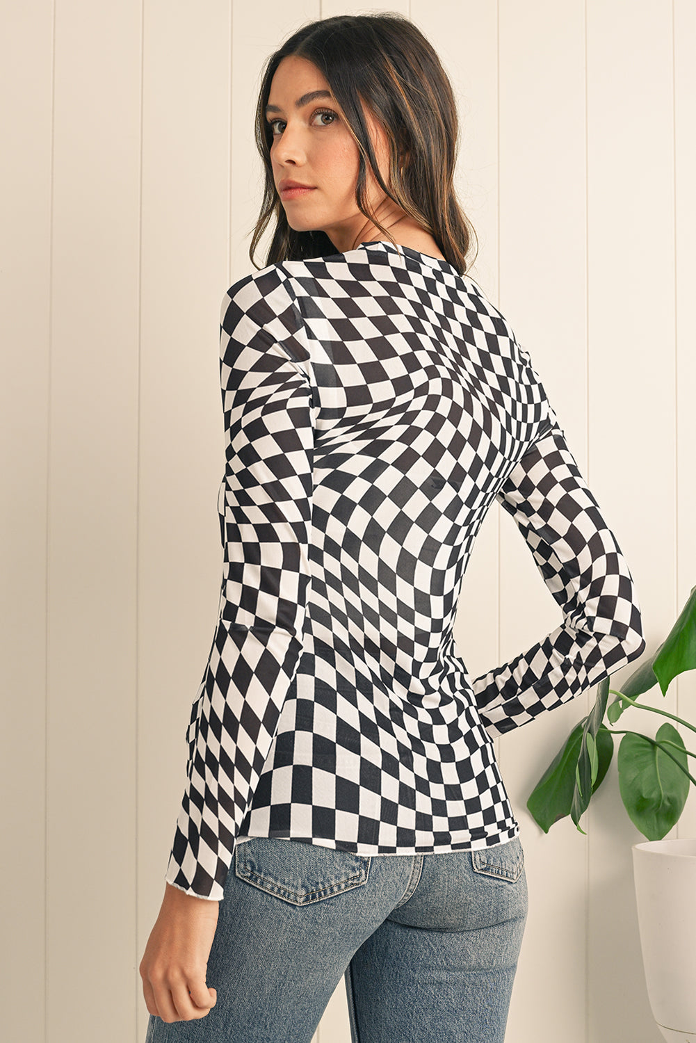 Black Checkered Pattern Mesh Long Sleeve Top Shewin