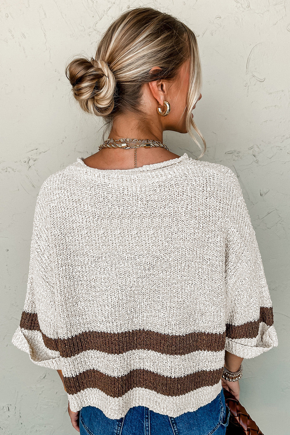 Brown Stripe Cropped Drop Sleeve Sweater Shewin