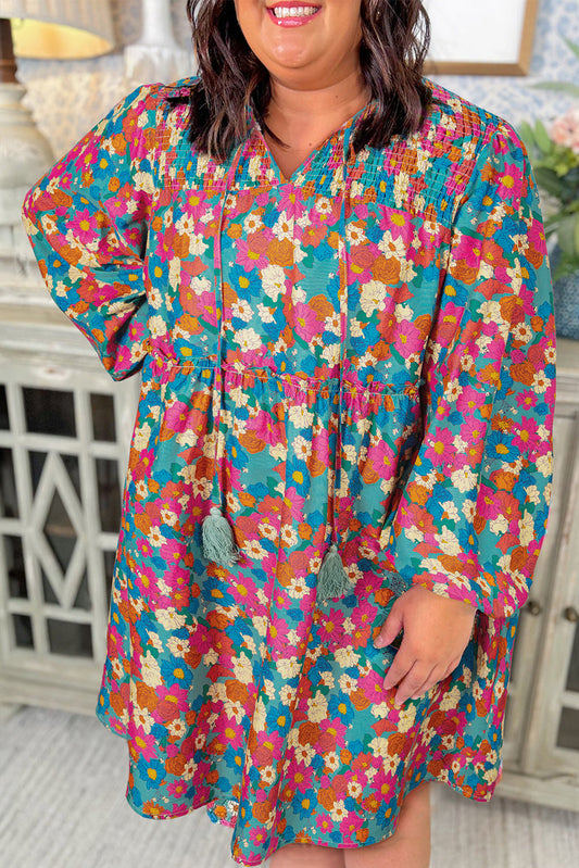 Sky Blue Floral Allover Print Shirred Plus Size Mini Dress Shewin