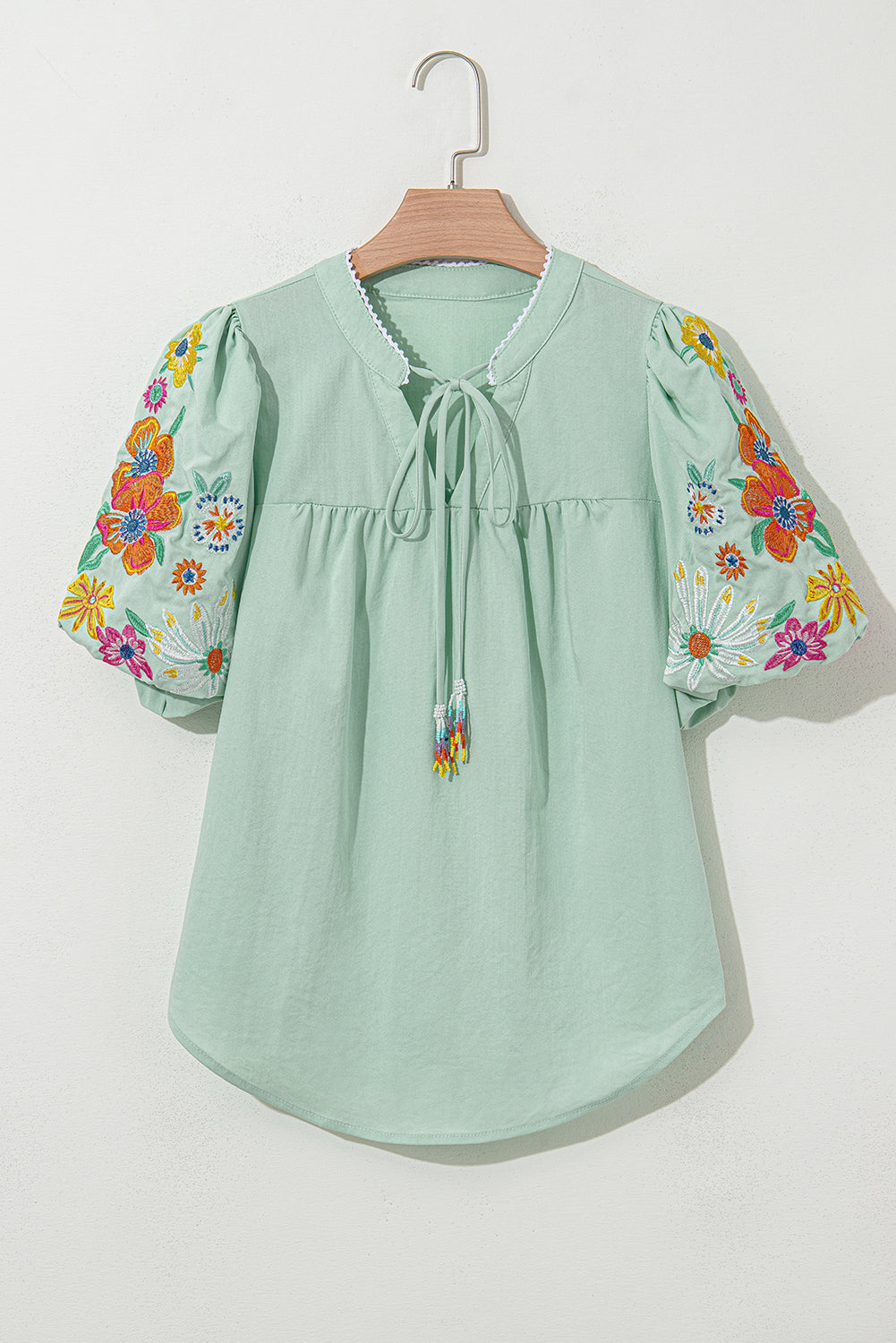 Clearly Aqua Floral Embroidered Puff Sleeve Split Neck Blouse Shewin