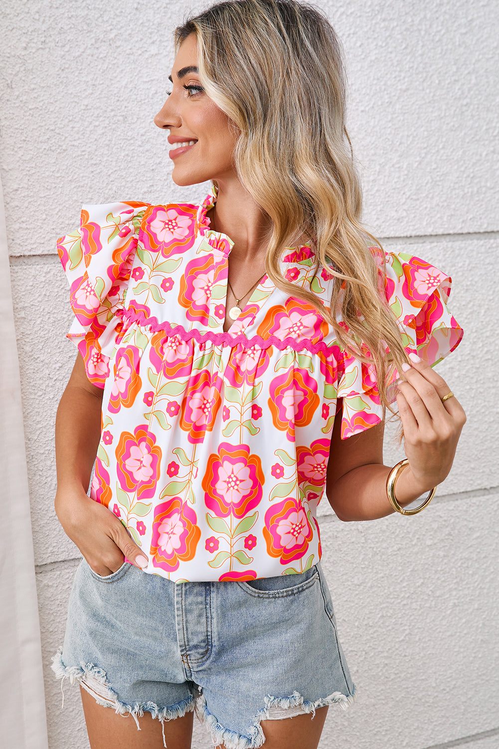 Rose Boho Floral Print Ricrac Ruffle Sleeve Blouse Shewin