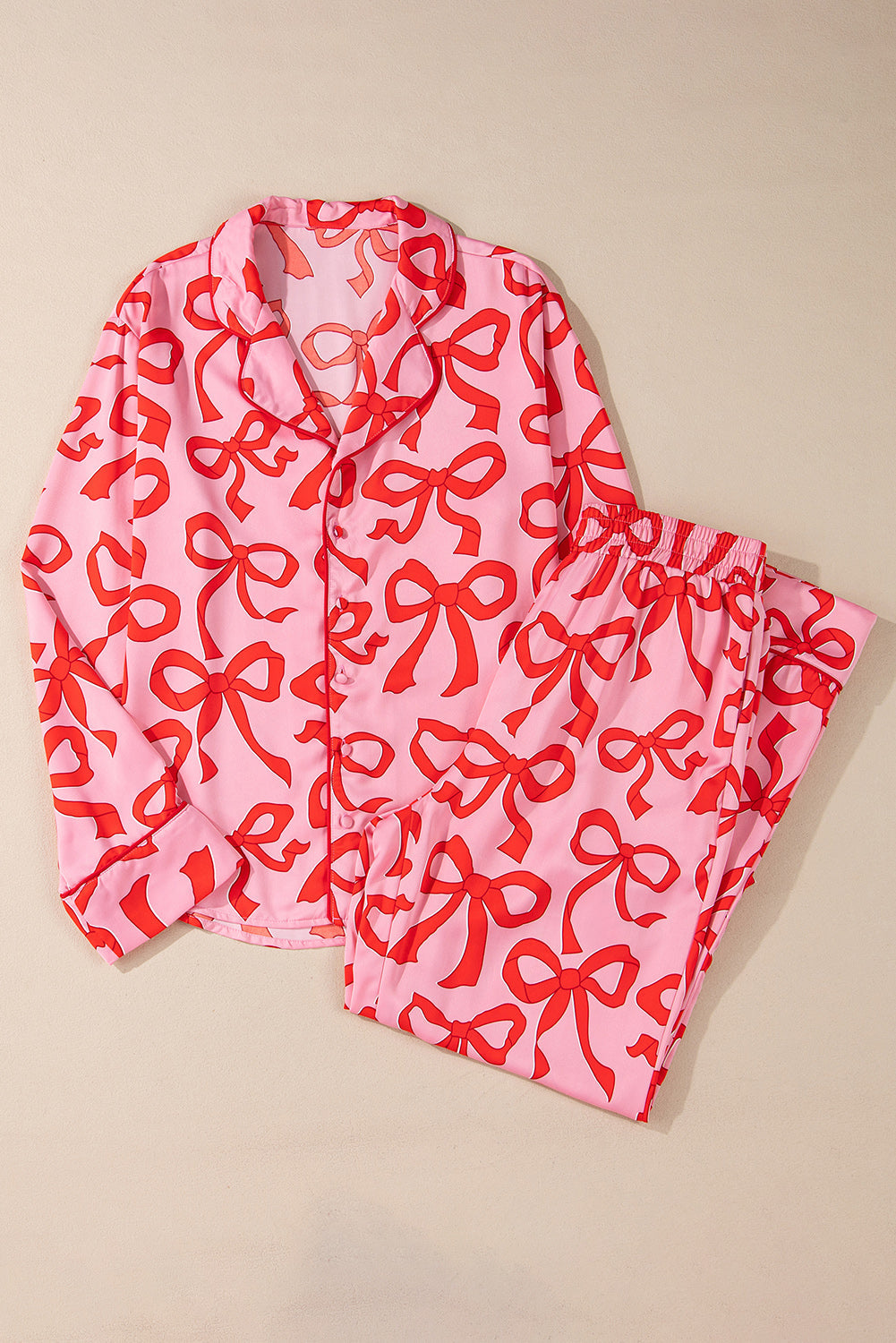 Pink Allover Bow Print Button Up and Loose Pants Pajama Set Shewin