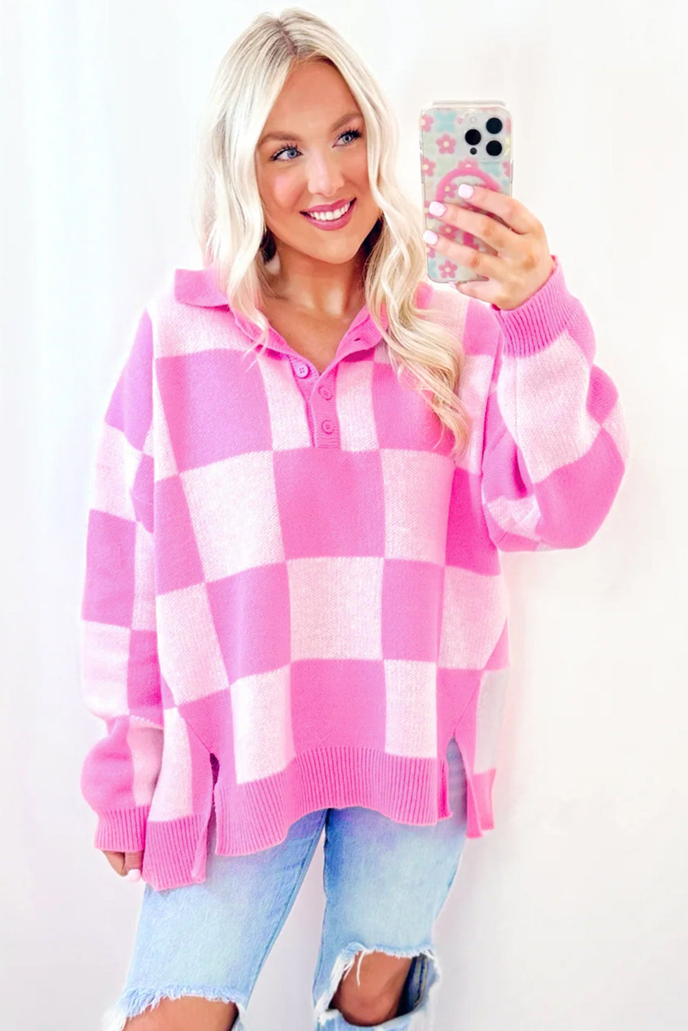 Pink Checkered Button Collared Sweater Shewin