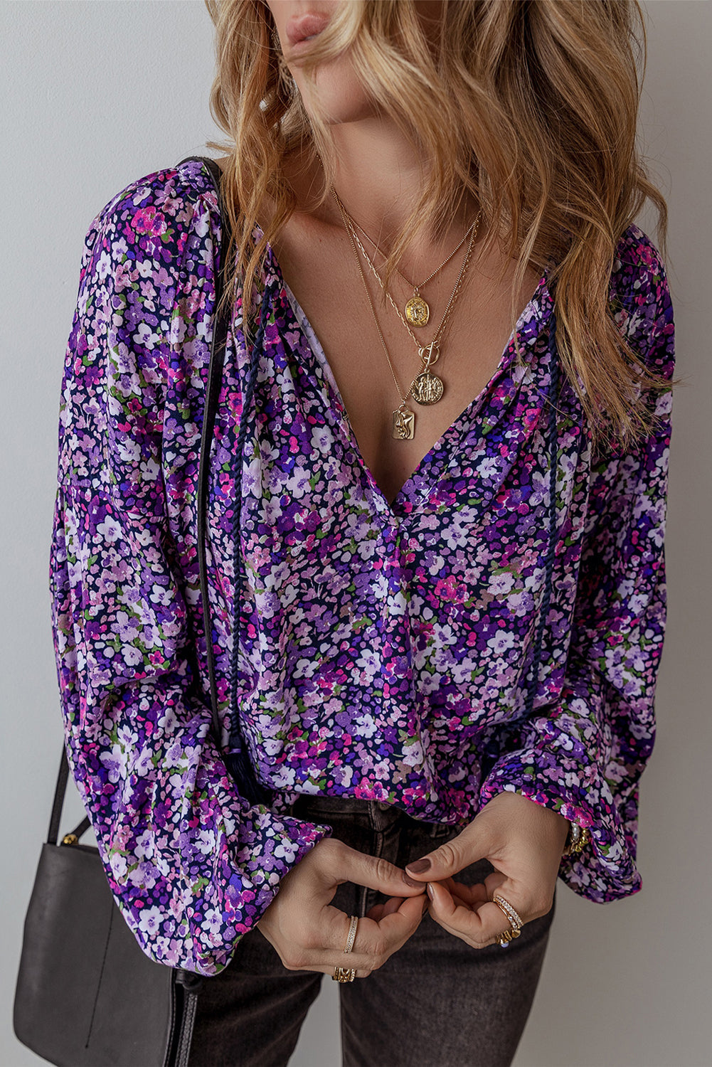 Purple Boho Ditsy Floral Split V Neck Bubble Sleeve Blouse Shewin