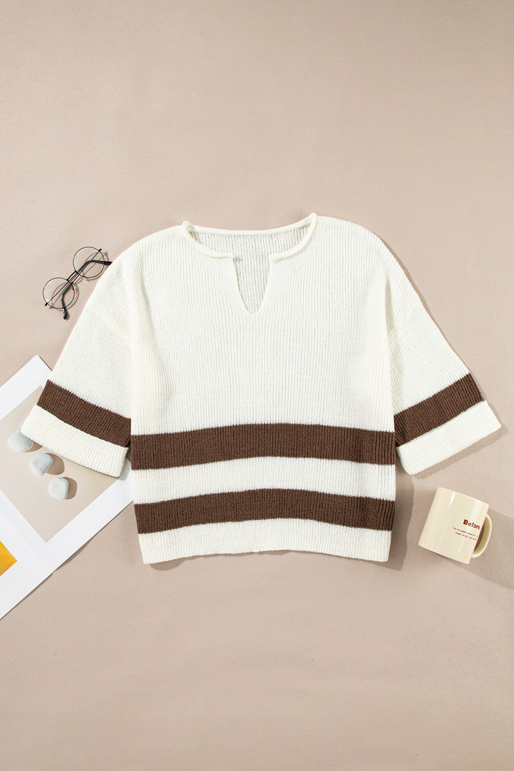 Brown Stripe Cropped Drop Sleeve Sweater Shewin