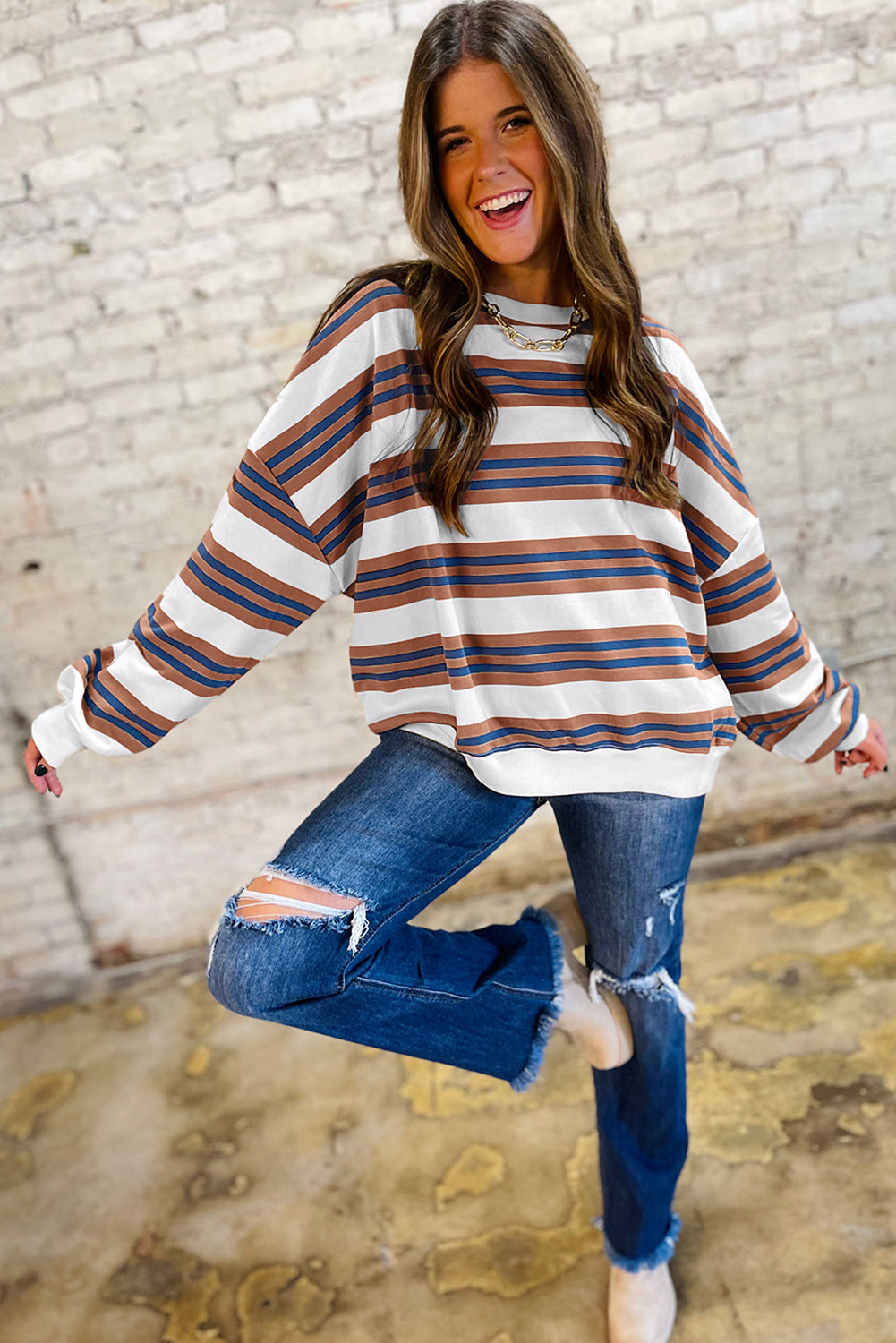 Brown Stripe Crew Neck Drop Shoulder Pullover Sweatshirt Shewin