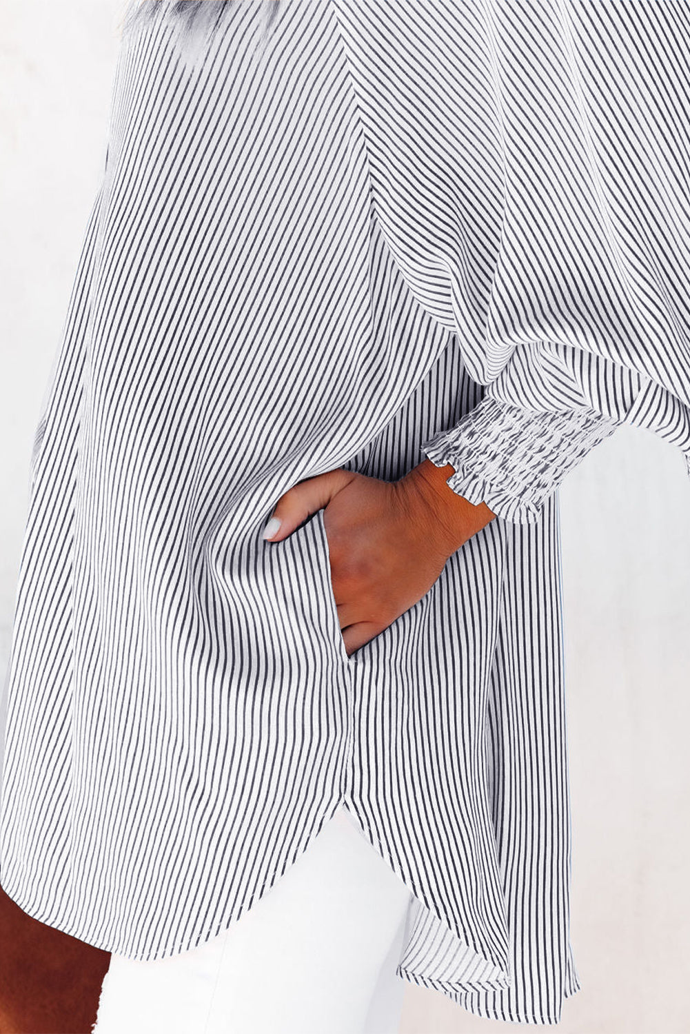 Black Striped Casual Shirred Cuffs Shirt Shewin