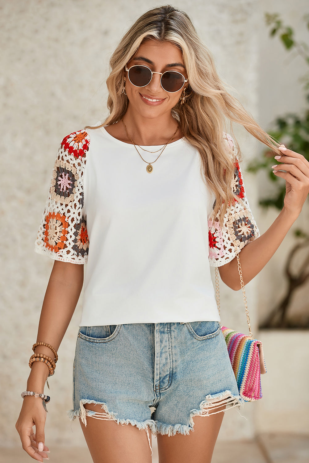 White Floral Hollowed Crochet Sleeve Boho T Shirt Shewin