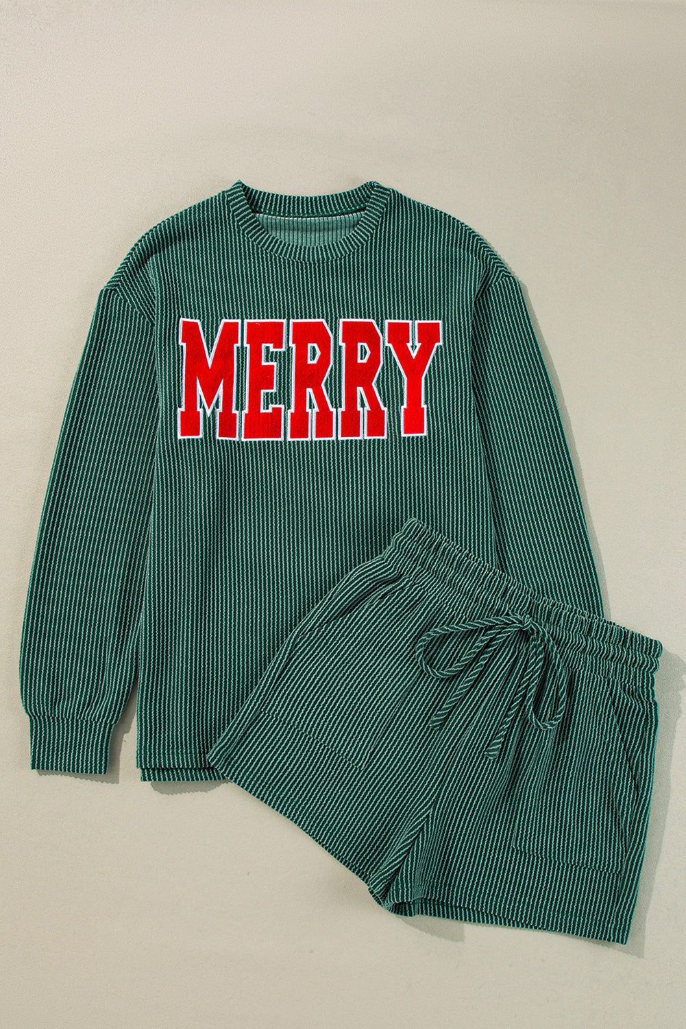 Evergreen Corded MERRY Long Sleeve Top and Shorts Pajama Set Shewin