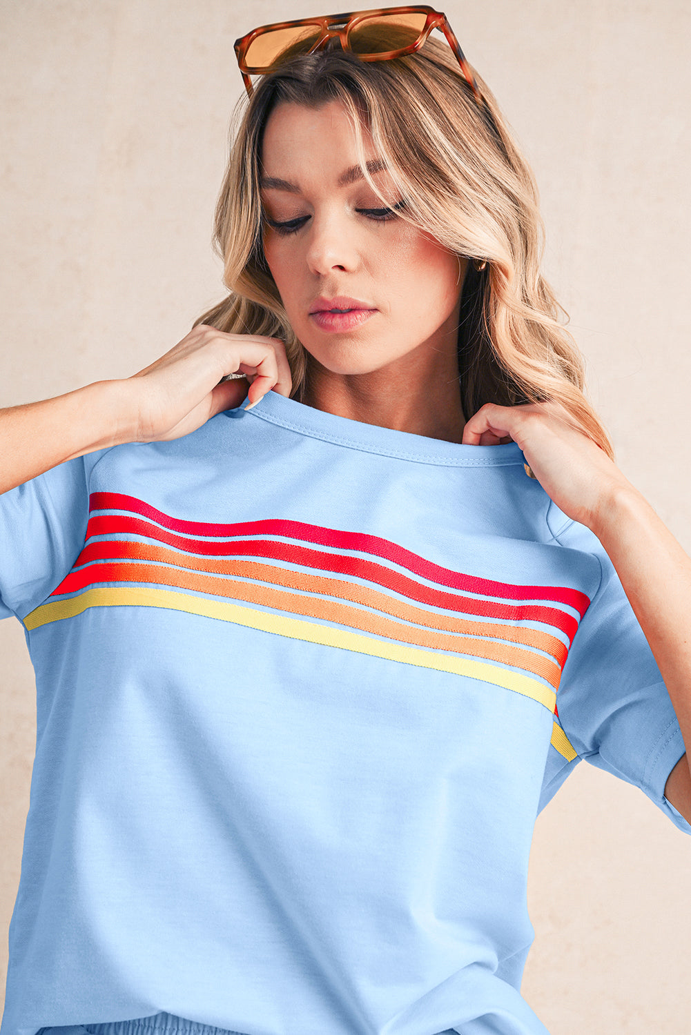 Beau Blue Colorful Striped Casual Tee Shewin