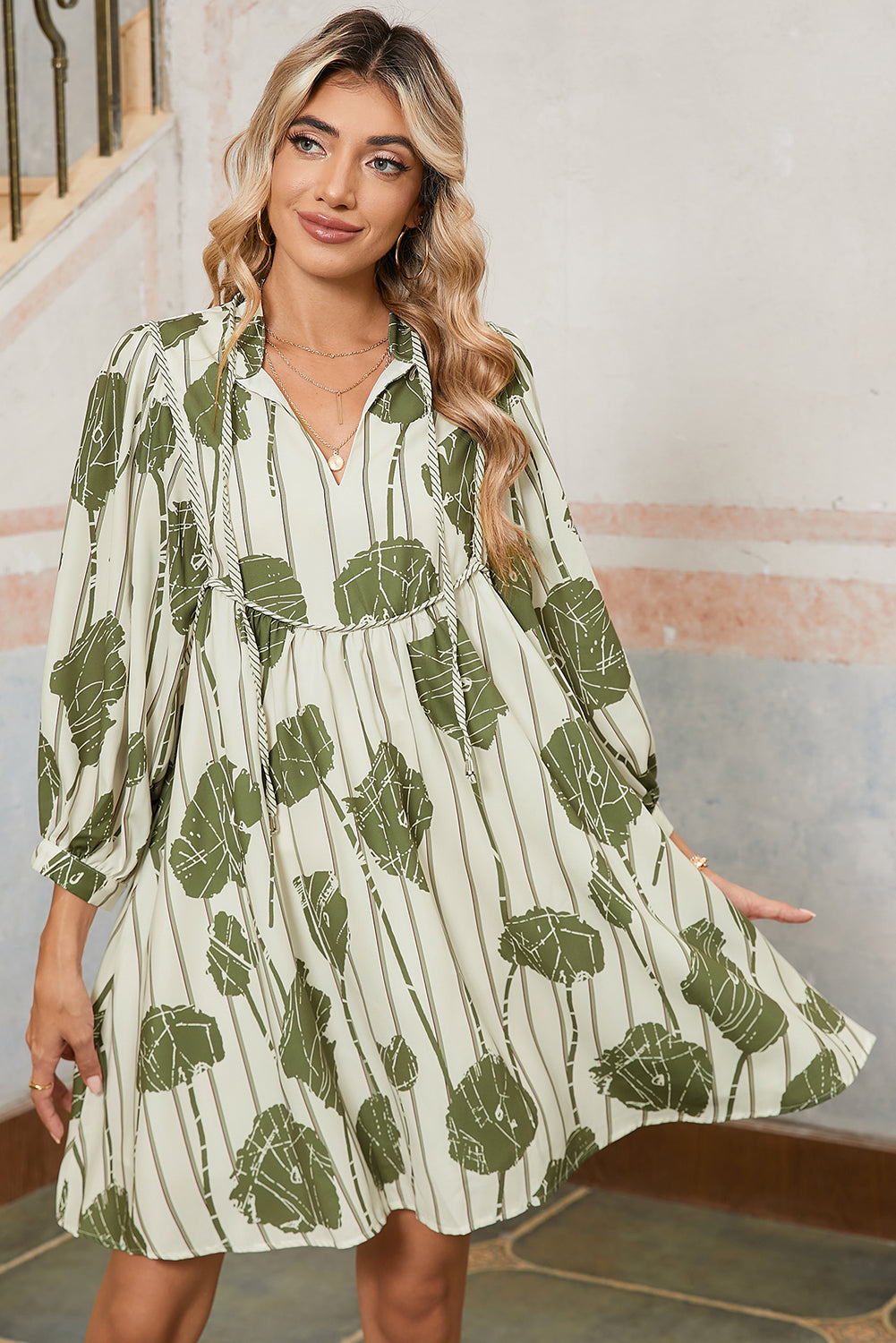 Guacamole Green Abstract Print Striped V-Neck Mini Dress Shewin