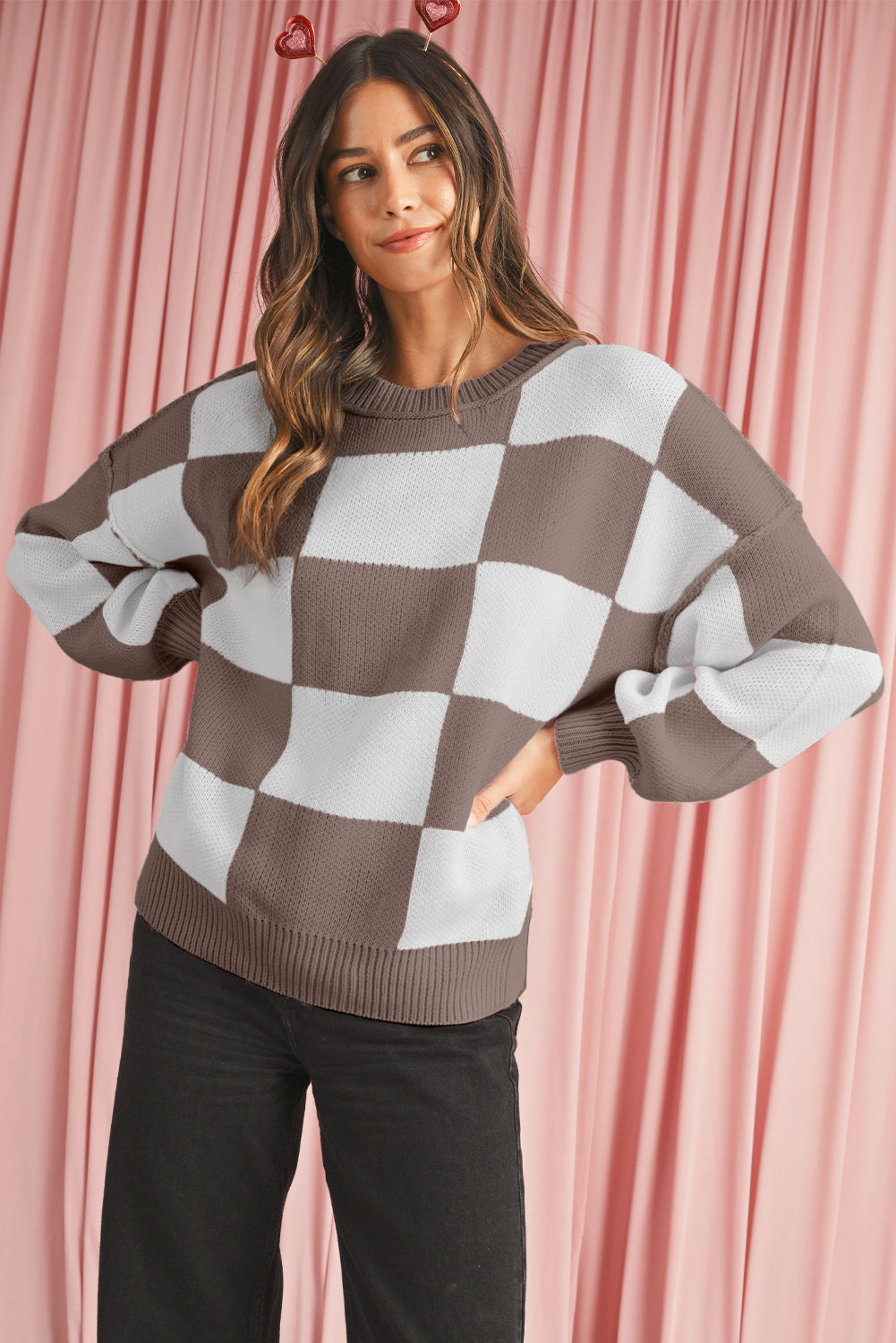 Dark Brown Plaid Bishop Sleeve Pullover Sweater Shewin