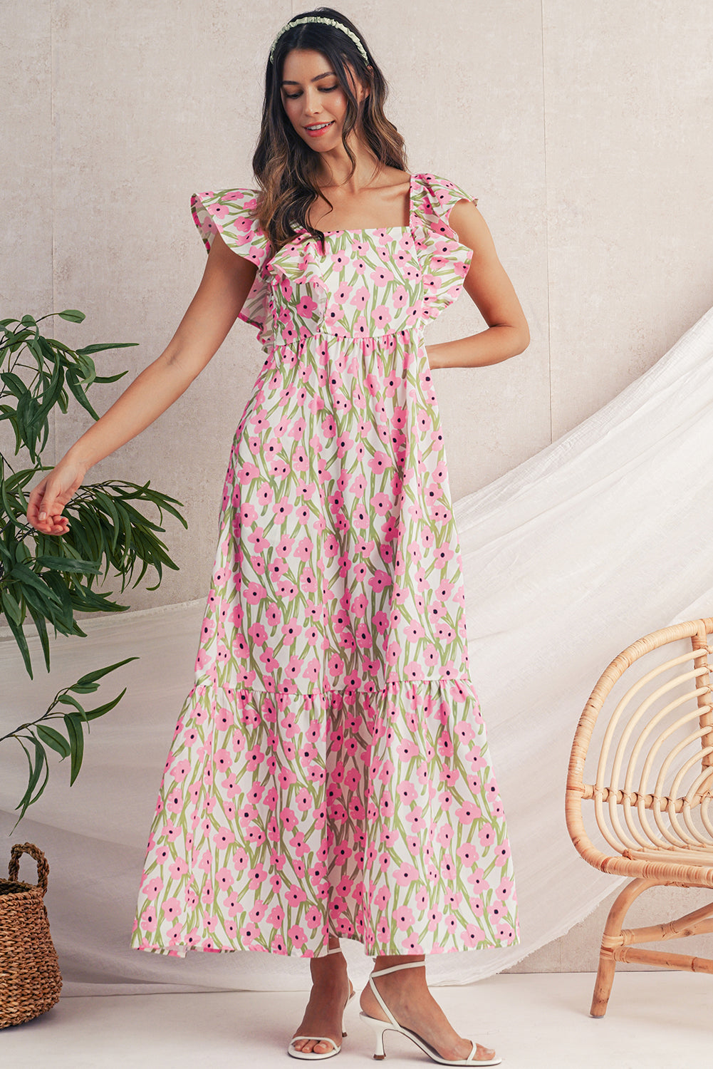 Pink Floral Print Square Neck Ruffled Strap Maxi Dress Shewin