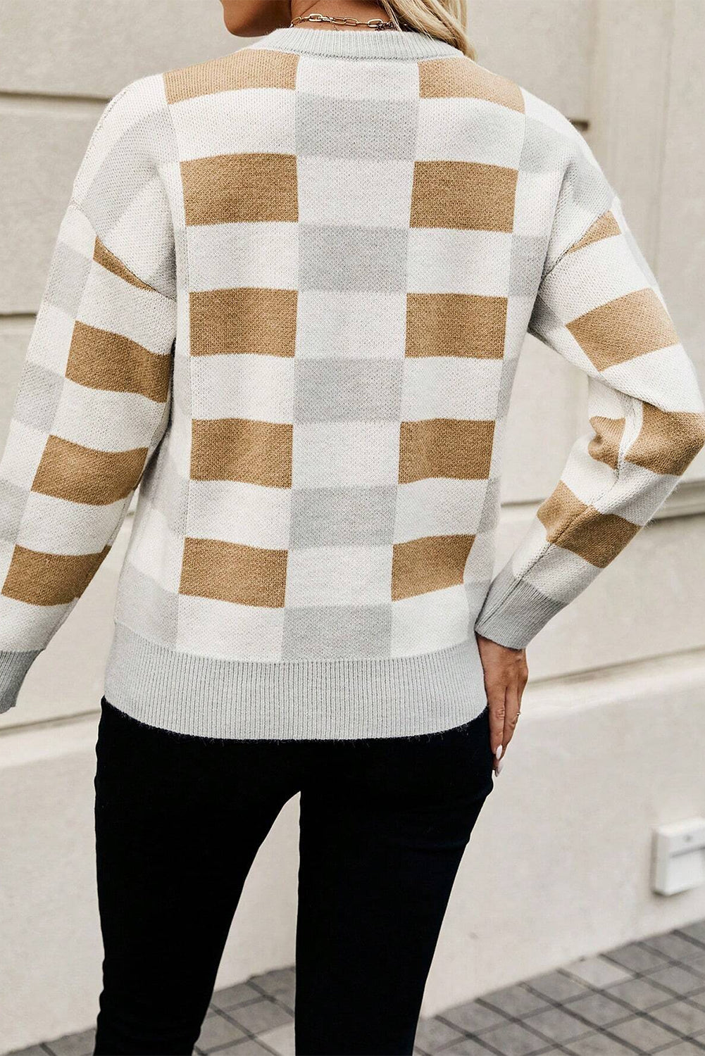 Khaki Checkered Crew Neck Drop Shoulder Knit Sweater Shewin