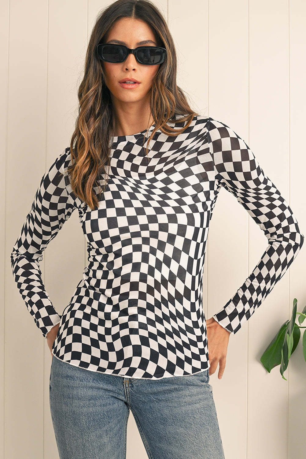 Black Checkered Pattern Mesh Long Sleeve Top Shewin