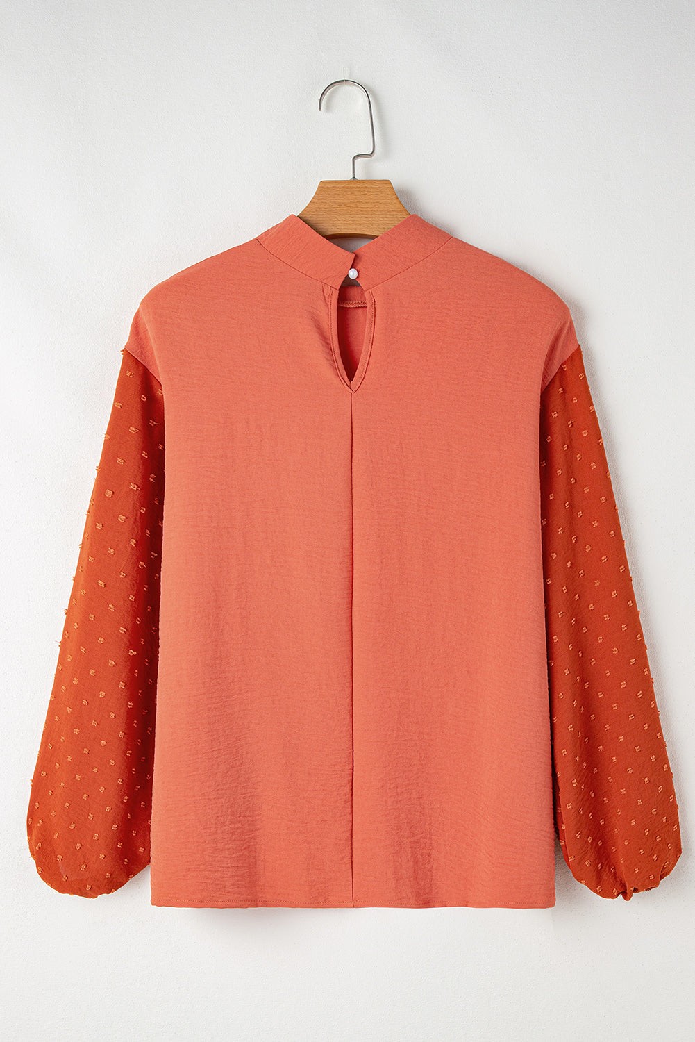 Russet Orange Swiss Dot Balloon Sleeve Patchwork Crinkle Blouse Shewin