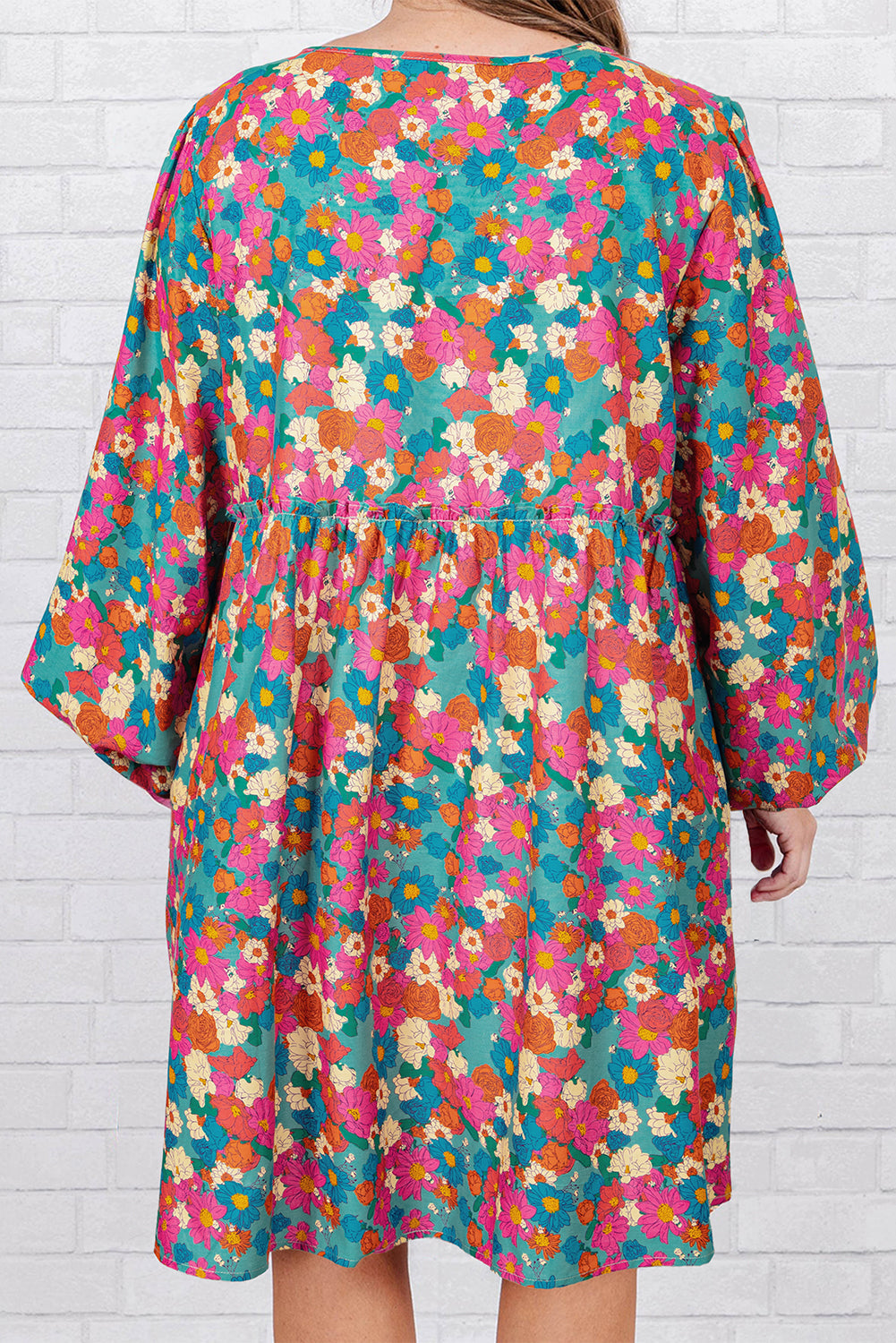 Sky Blue Floral Allover Print Shirred Plus Size Mini Dress Shewin