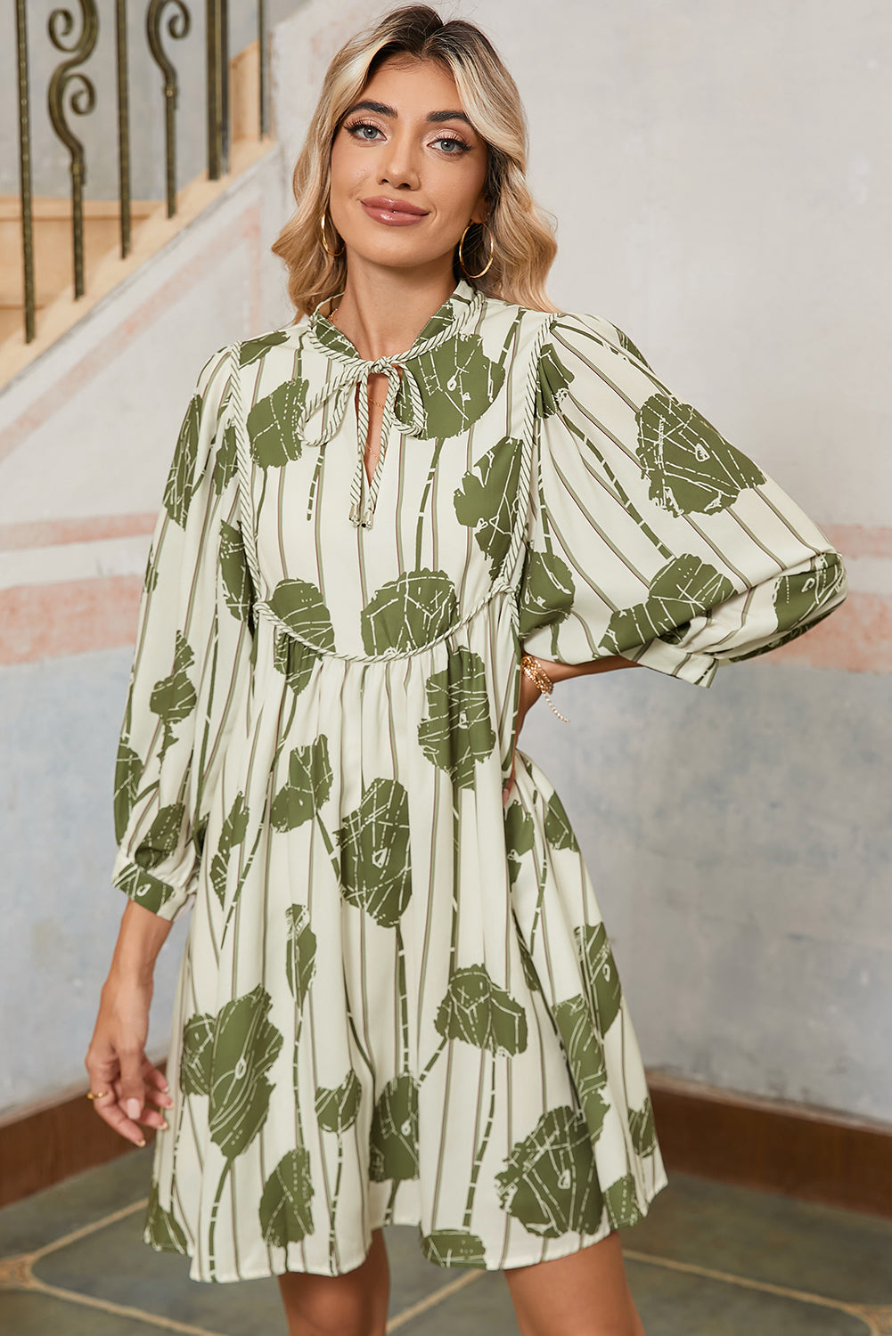 Guacamole Green Abstract Print Striped V-Neck Mini Dress Shewin