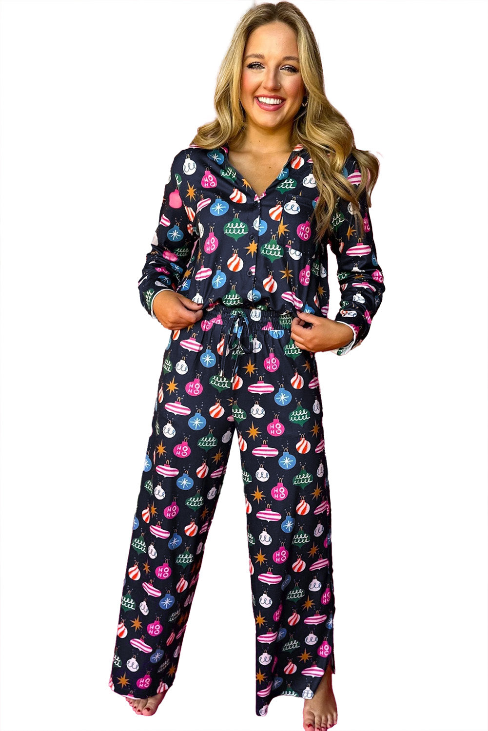 Navy Blue Colorful Christmas Lights Print Shirt and Pants Pajama Set Shewin