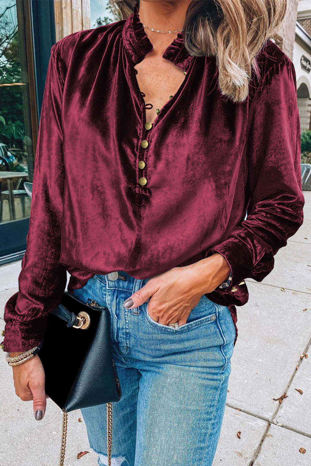 Red Frilled Buttoned V Neck Velvet Blouse Shewin