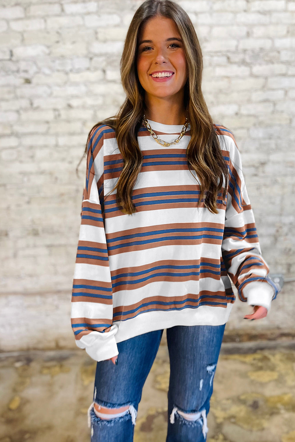 Brown Stripe Crew Neck Drop Shoulder Pullover Sweatshirt Shewin