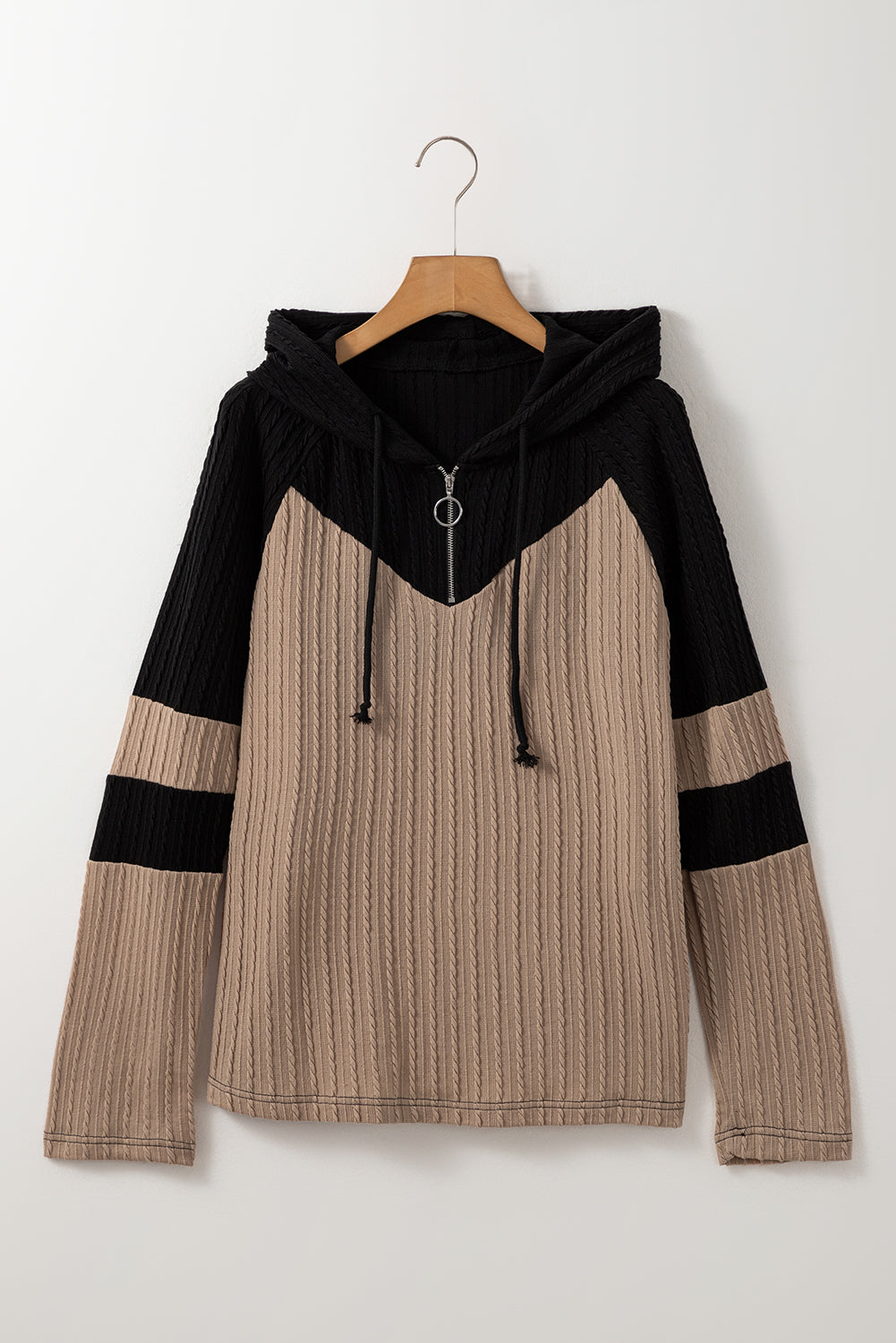 Parchment Textured Patchwork Long Sleeve Hooded Top Shewin