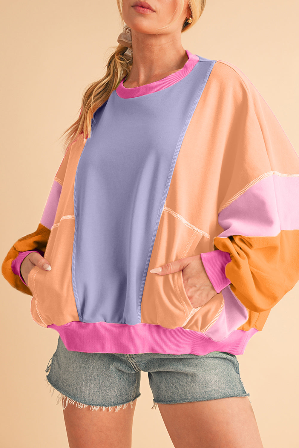 Orchid Petal Colorblock Patchwork Drop Shoulder Top Shewin