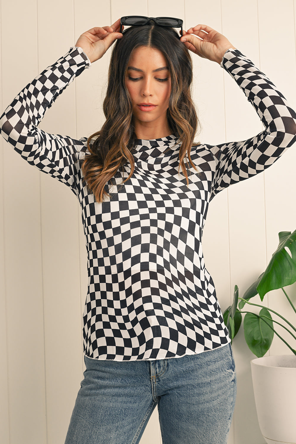 Black Checkered Pattern Mesh Long Sleeve Top Shewin
