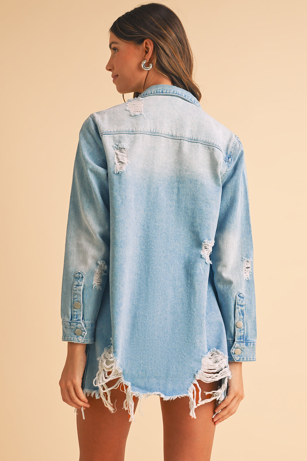 Beau Blue Light Wash Distressed Frayed Long Denim Shacket Shewin