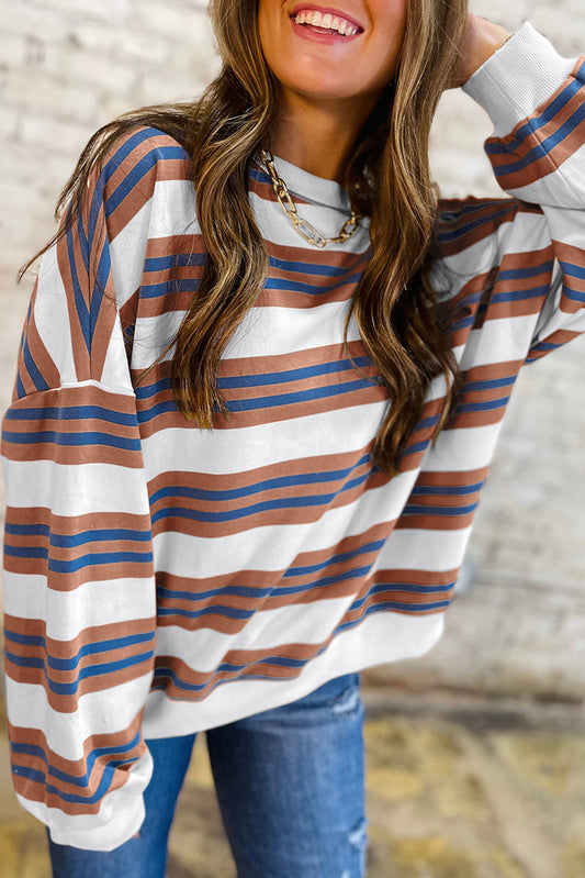Brown Stripe Crew Neck Drop Shoulder Pullover Sweatshirt Shewin