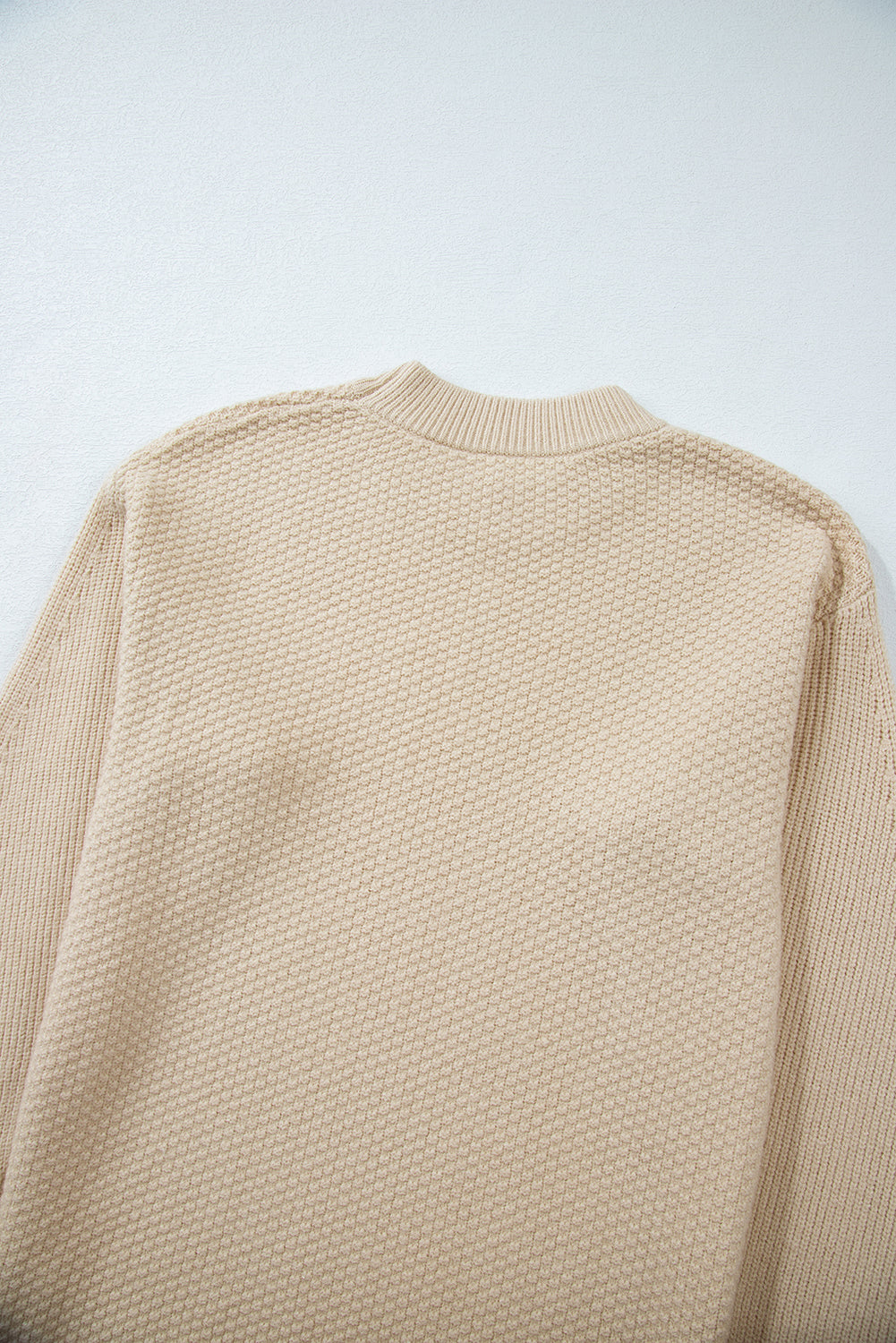 Parchment Solid Textured Knit Split Cuff Drop Shoulder Sweater Shewin