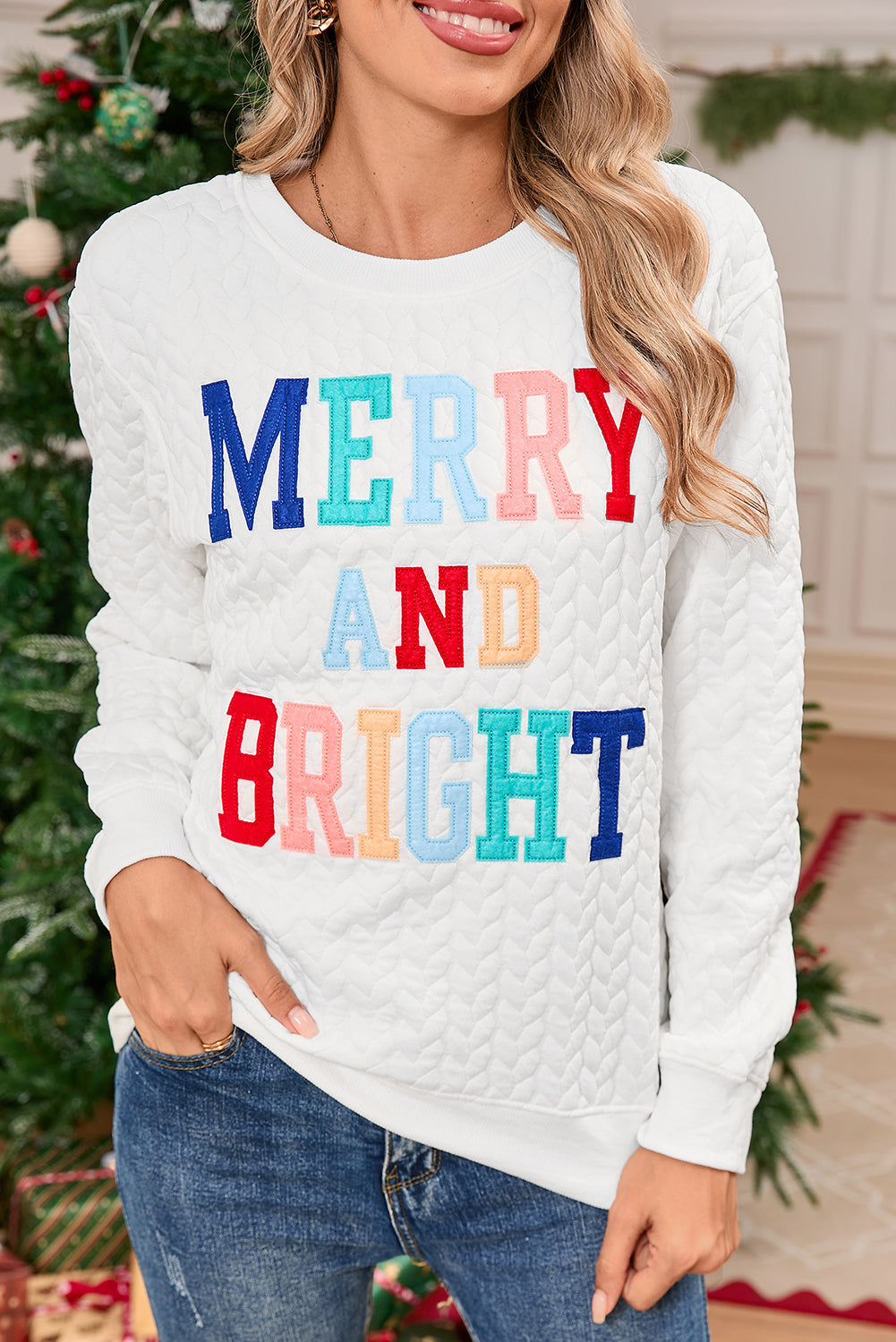 White Merry and Bright Quilted Sweatshirt Shewin