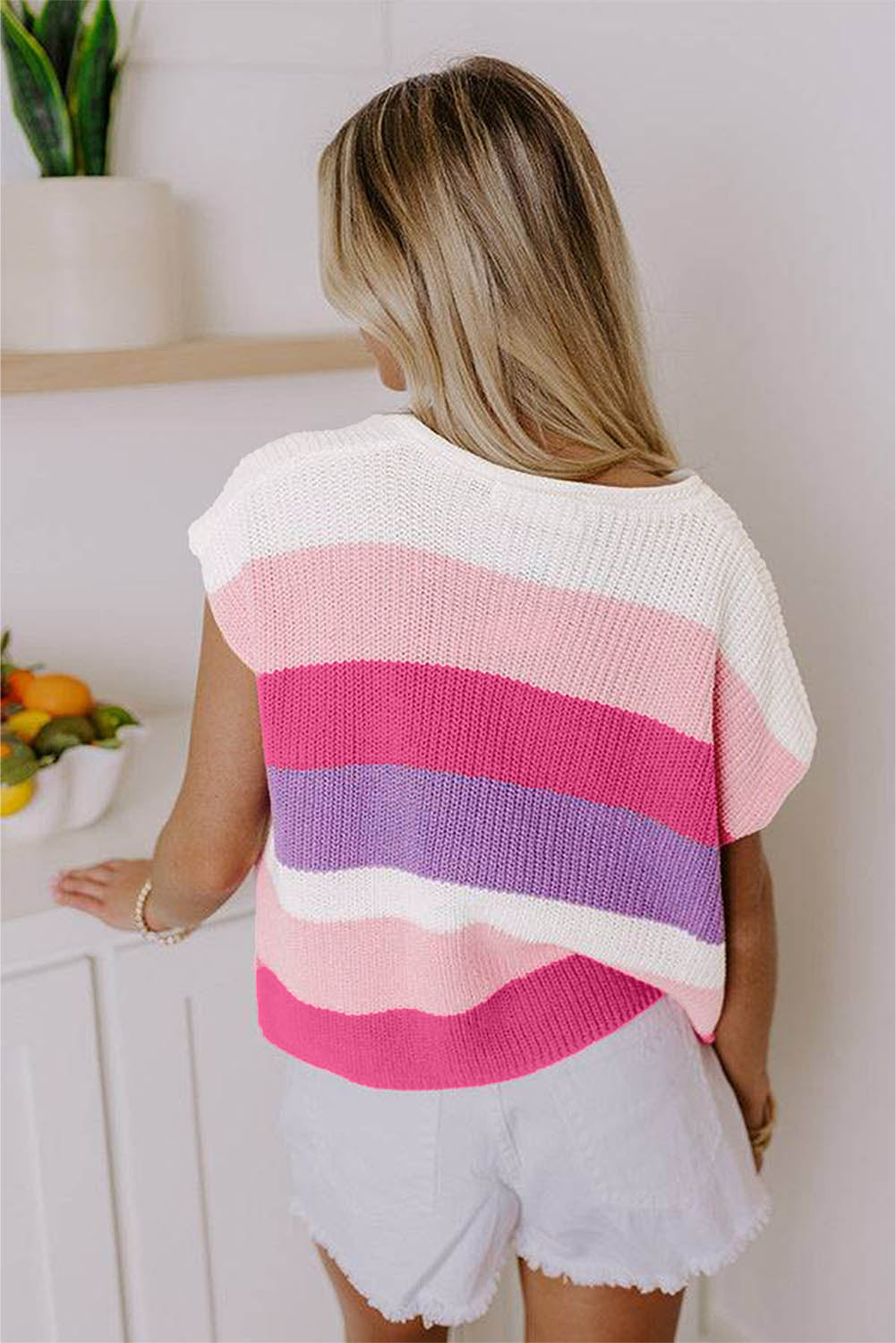 Pink Colorblock Notch V Neck Knit T Shirt Shewin