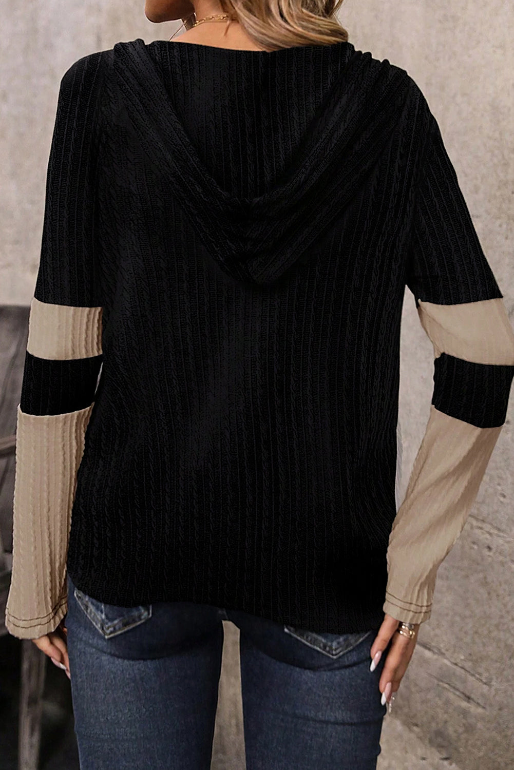 Parchment Textured Patchwork Long Sleeve Hooded Top Shewin