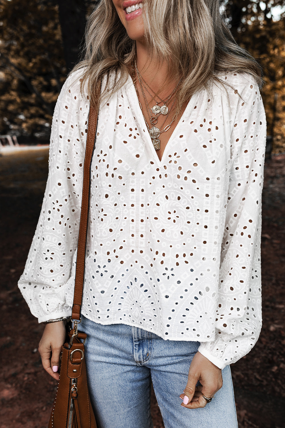 White Eyelet Embroidered Puff Sleeve V Neck Blouse Shewin