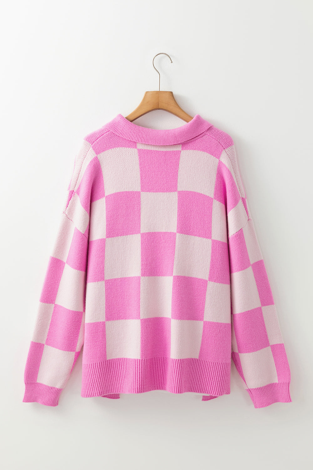 Pink Checkered Button Collared Sweater Shewin