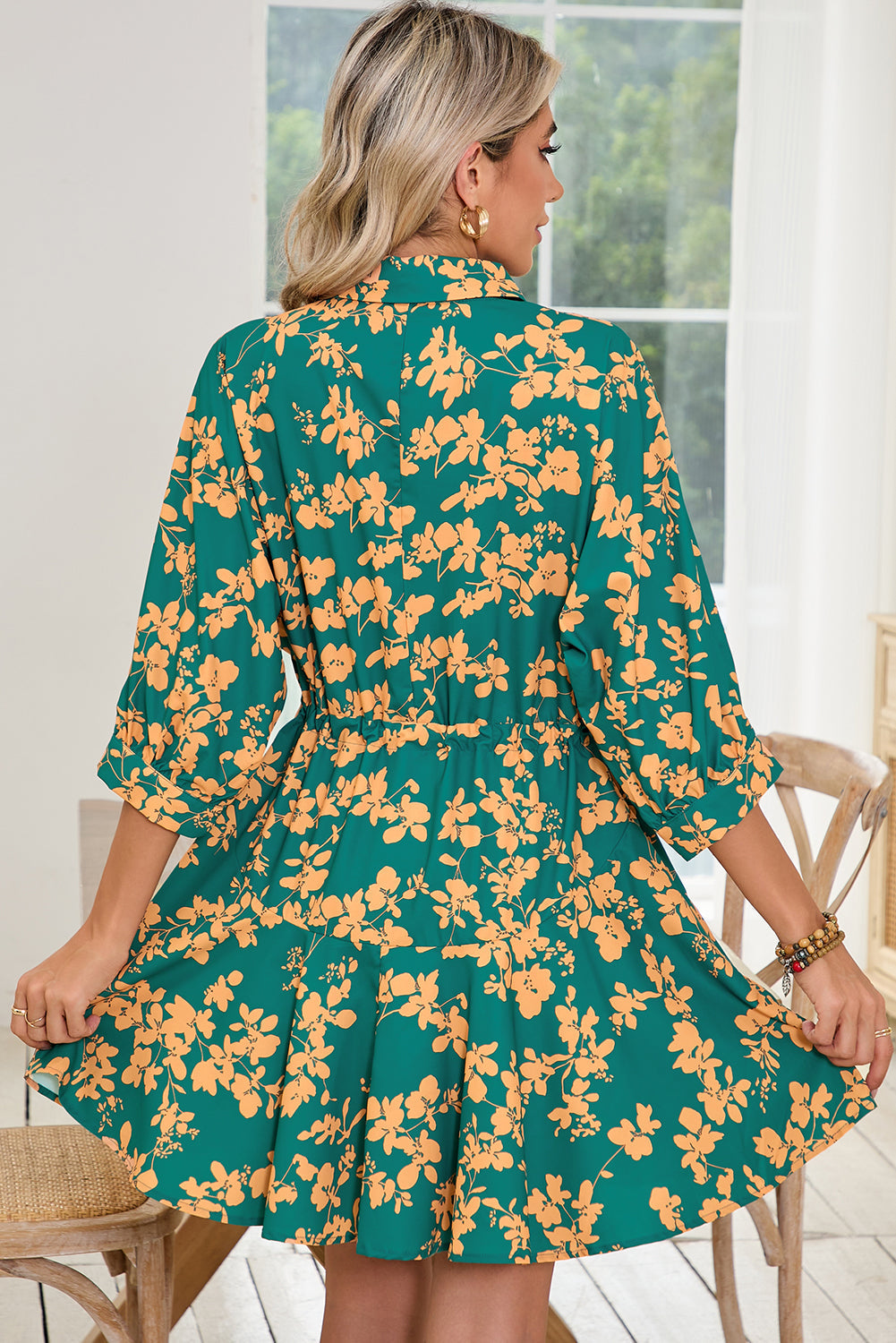 Green Floral Print Drawstring Flowy Short Dress Shewin