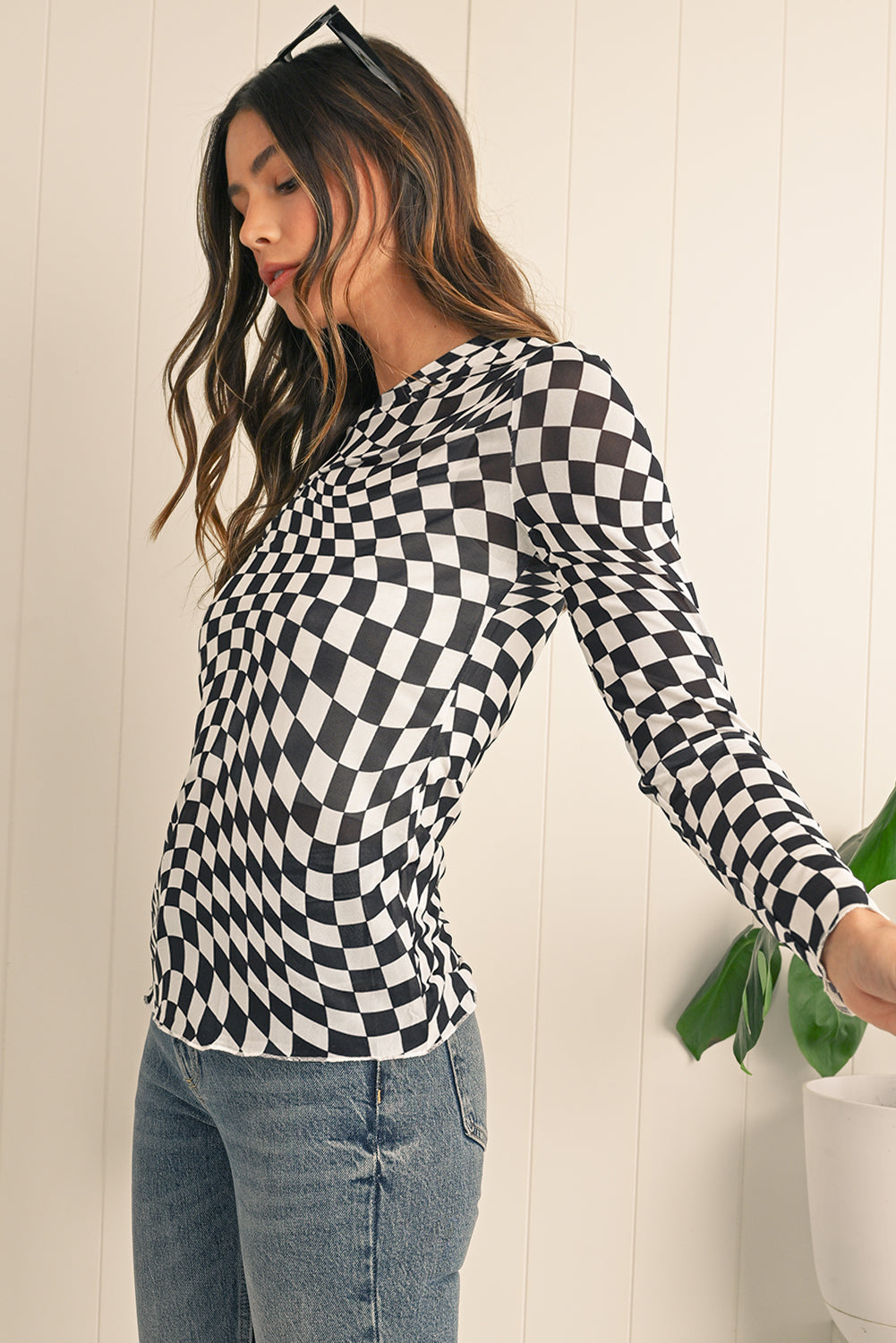Black Checkered Pattern Mesh Long Sleeve Top Shewin
