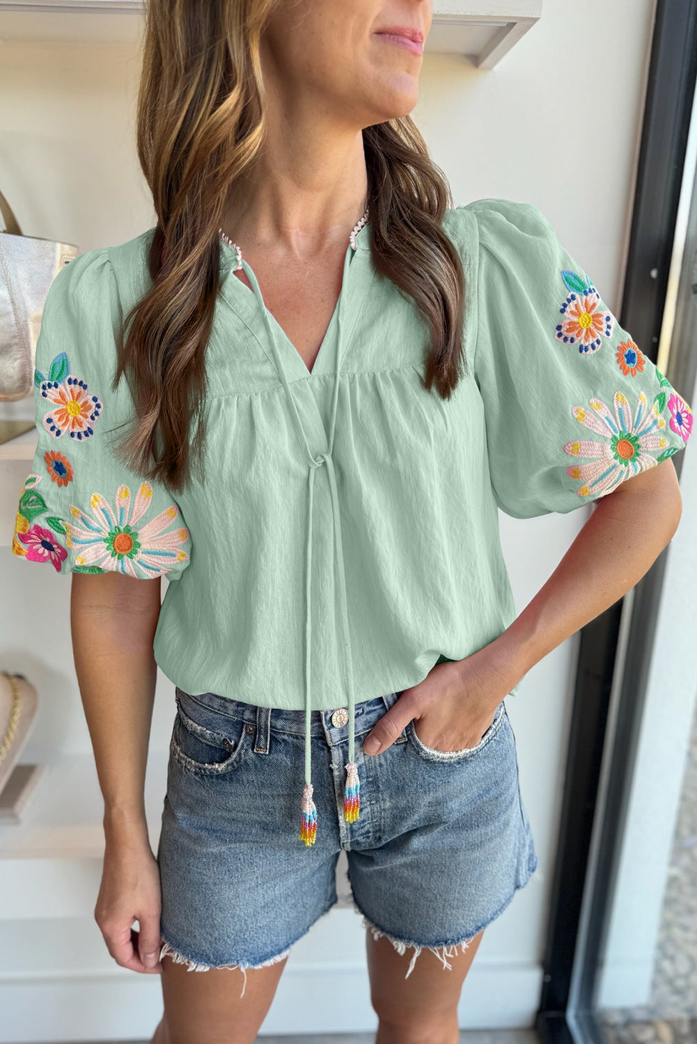 Clearly Aqua Floral Embroidered Puff Sleeve Split Neck Blouse Shewin