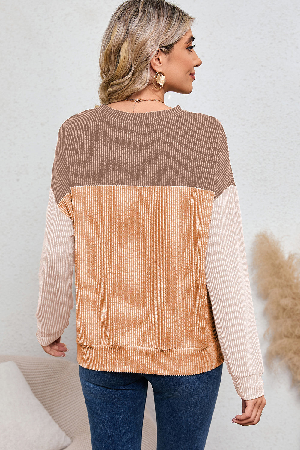 Khaki Color Block Ribbed Loose Long Sleeve Top Shewin