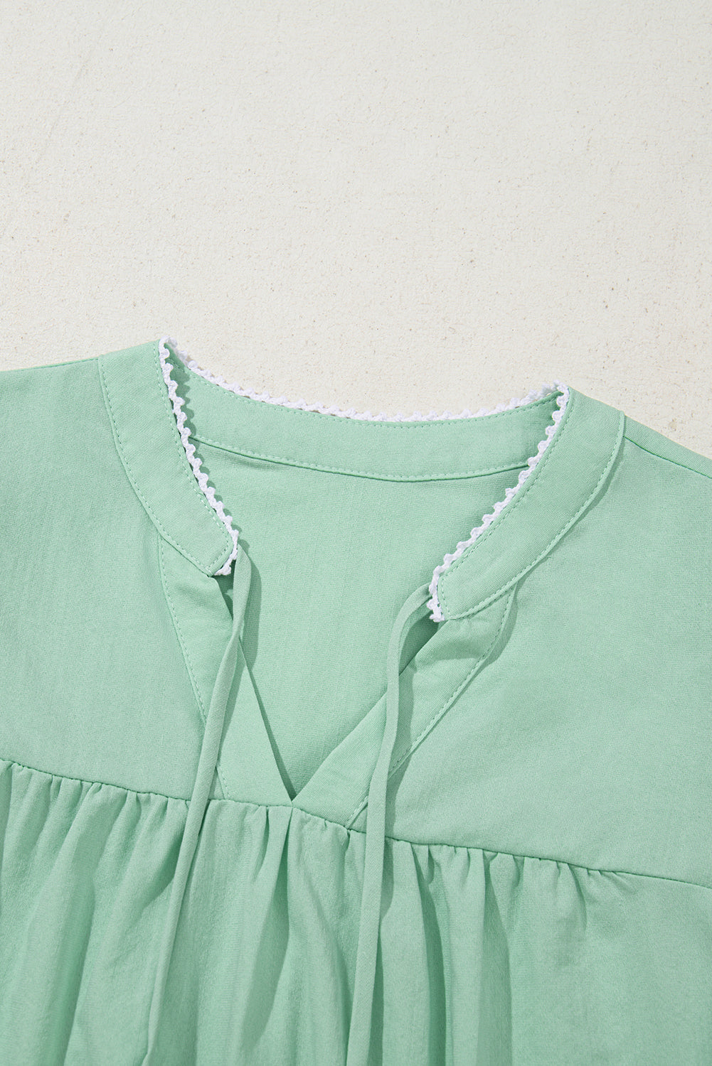 Clearly Aqua Floral Embroidered Puff Sleeve Split Neck Blouse Shewin