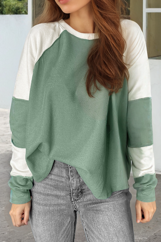 Mint Green Ribbed Colorblock Patchwork Raglan Long Sleeve Top Shewin