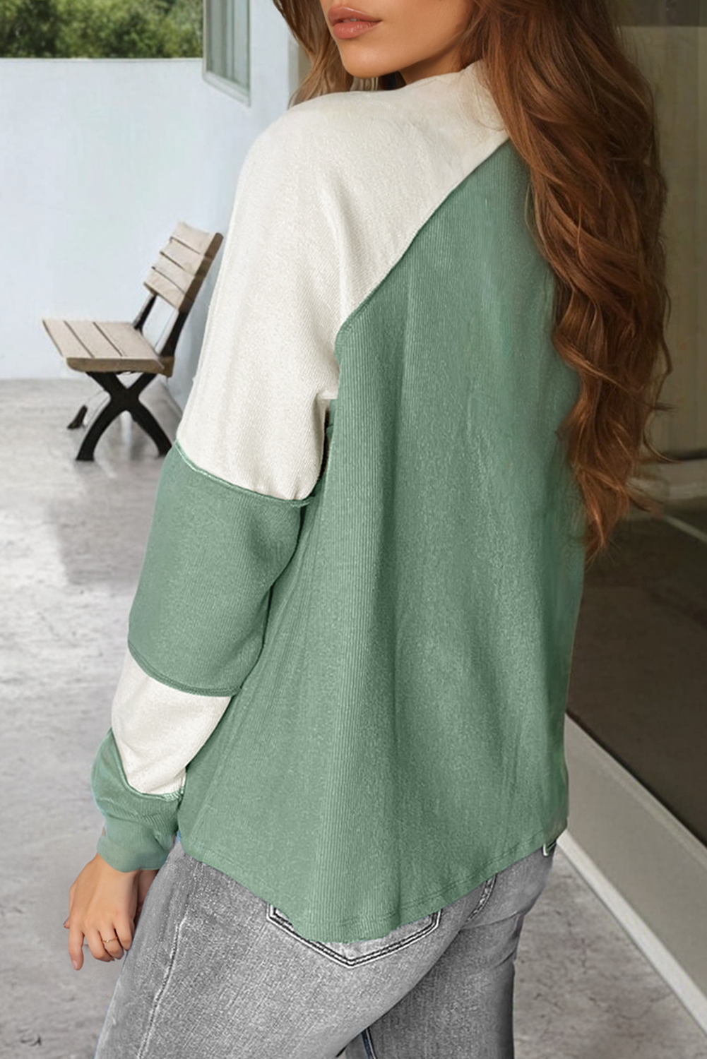 Mint Green Ribbed Colorblock Patchwork Raglan Long Sleeve Top Shewin