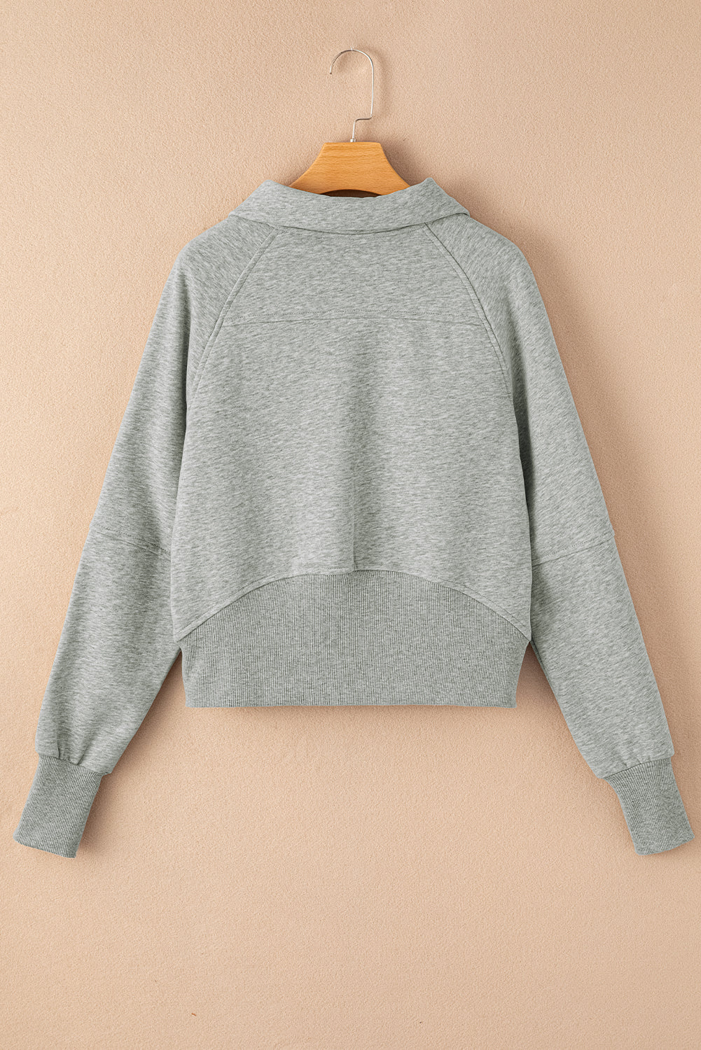 Gray Zip Up Stand Collar Ribbed Thumbhole Sleeve Sweatshirt Shewin