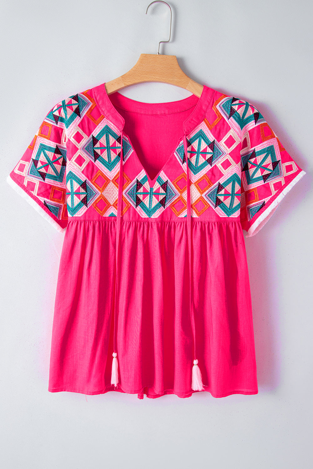 Strawberry Pink Geometric Embroidered Tassel Tie V Neck Blouse Shewin