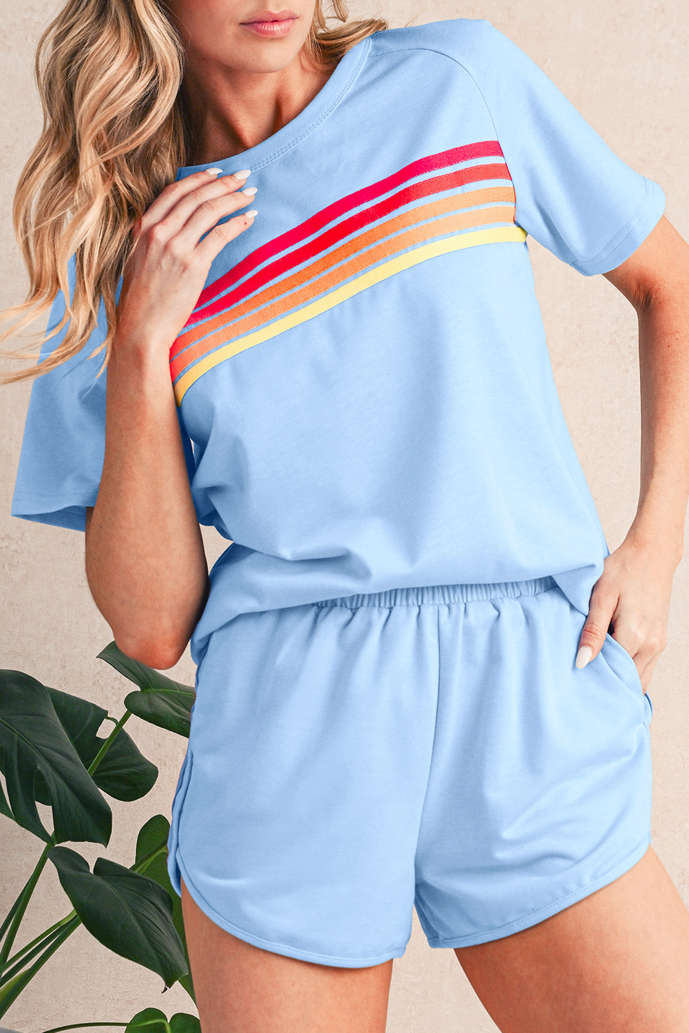 Beau Blue Colorful Striped Casual Tee Shewin