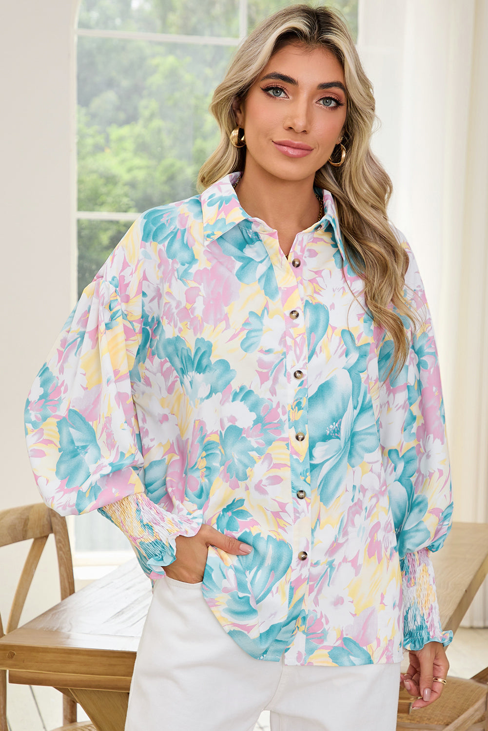 Yellow Floral Allover Print Shirred Cuff Oversized Shirt Shewin