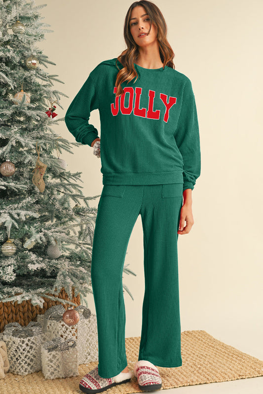 Evergreen Crinkle Rib JOLLY Pattern Long Sleeve Top and Pockets Pants Set Shewin